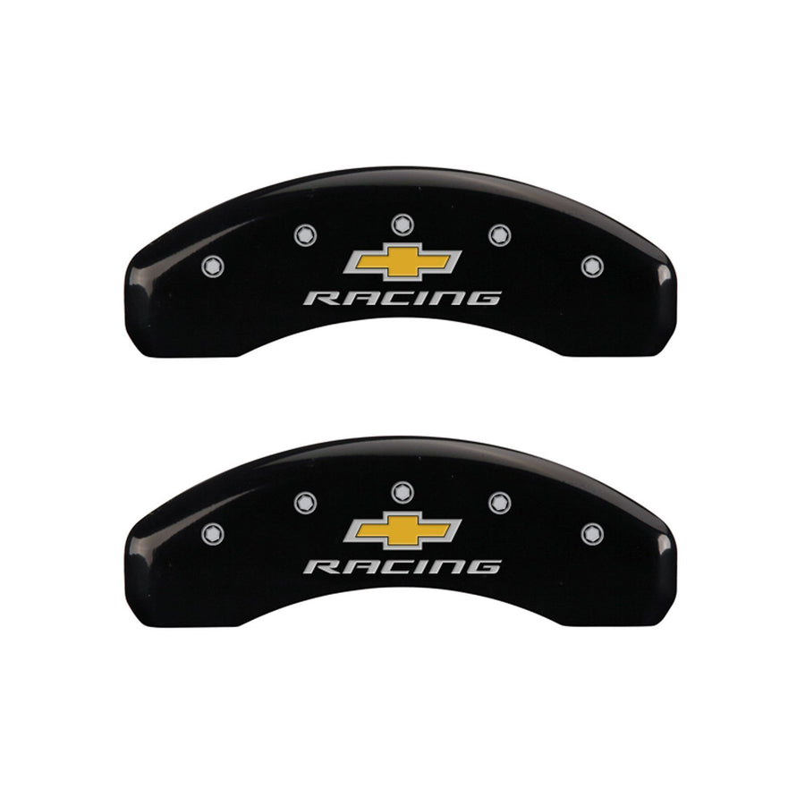 MGP Caliper Covers Front and Rear 14033SBRCBK Black Powder Coat Finish, Set of 4 (Chevy racing Silver Characters, Engraved)