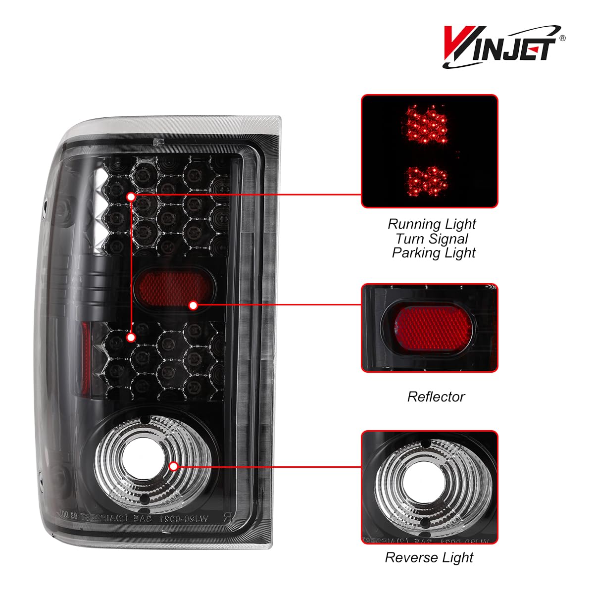 LED Tail Lights Assembly Winjet Fit For 2001 2002 2003 2004 2005 Ford Ranger, Taillights Replacement For Ford, Rear Lamps w/Turn Signal/Running/Brake/Reverse Light (Black Housing Clear Lens)
