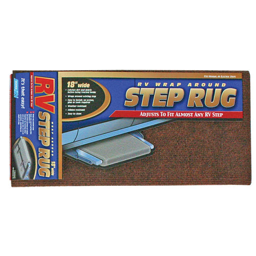 Camco Camper/RV Wrap Around Step Rug | Features Adjustable Design & Fits RV Steps w/Depth of 8” to 10.5” | Compatible w/Manual & Electric Steps | 18” Wide, Brown (42921)