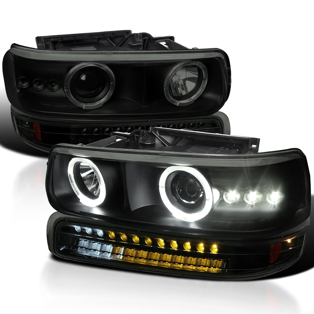 Smoke LED Halo Projector Headlights + LED Bumper Lights SPEC-D TUNING Compatible with 1999-2002 Chevy Silverado 1500/1500HD/2500/2500HD/3500, Left + Right Pair Headlamps Assembly