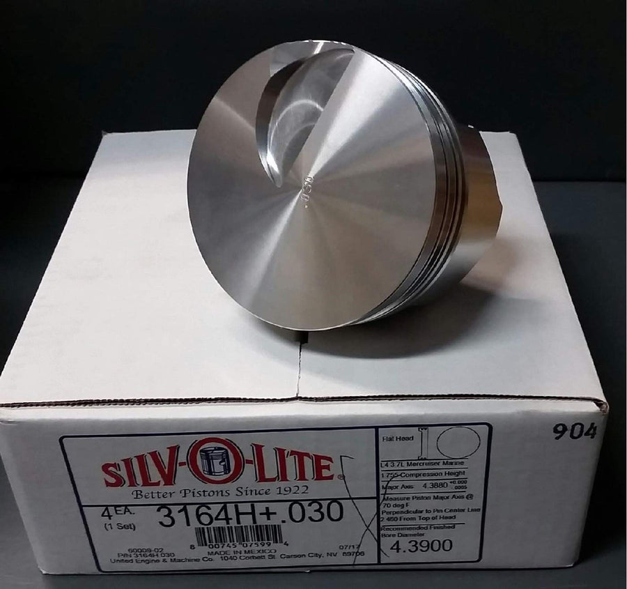 Set of (4) Silv-O-Lite replacement +.030" Over Size Pistons for Mercruiser 470 Boats 3.7L 224 L4 (4.390" Bore Diameter)