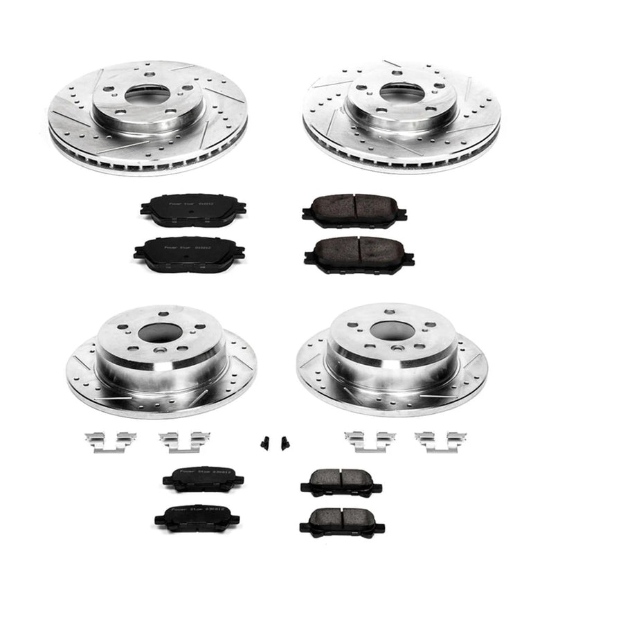 Power Stop K1065 Z23 Carbon Fiber Brake Pads Front and Rear with Drilled & Slotted Brake Rotors Kit For Toyota Camry 2002-2006 [Model Specific]