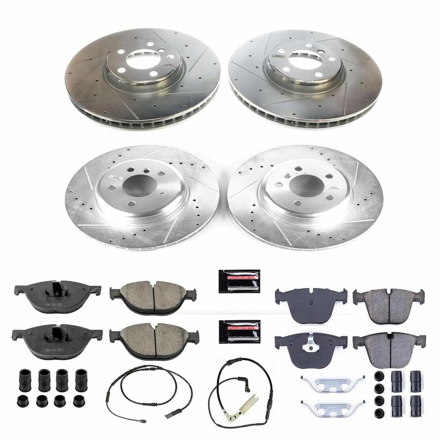 Power Stop K6421 Z23 Carbon Fiber Brake Pads Front and Rear with Drilled & Slotted Brake Rotors Kit For BMW ActiveHybrid 7 2013-2015 [Model Specific]