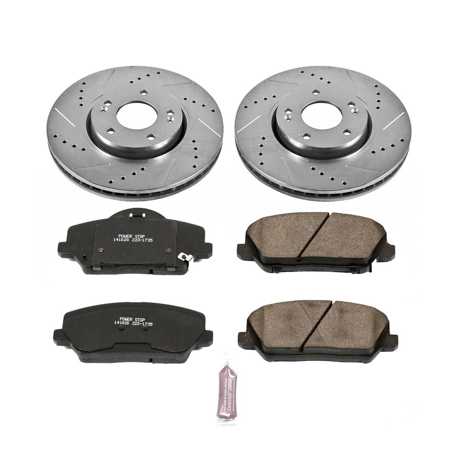 Power Stop K6935 Z23 Carbon Fiber Brake Pads Front with Drilled & Slotted Brake Rotors Kit For Kia Forte Koup 2014-2016, Kia Forte5 2014-2016 [Model Specific]