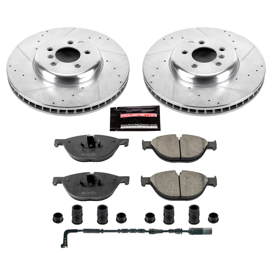 Power Stop K6012 Z23 Carbon Fiber Brake Pads Front with Drilled & Slotted Brake Rotors Kit and 1 Front Sensor Wire For BMW 750Li 2009, BMW 750i 2009 [Model Specific]