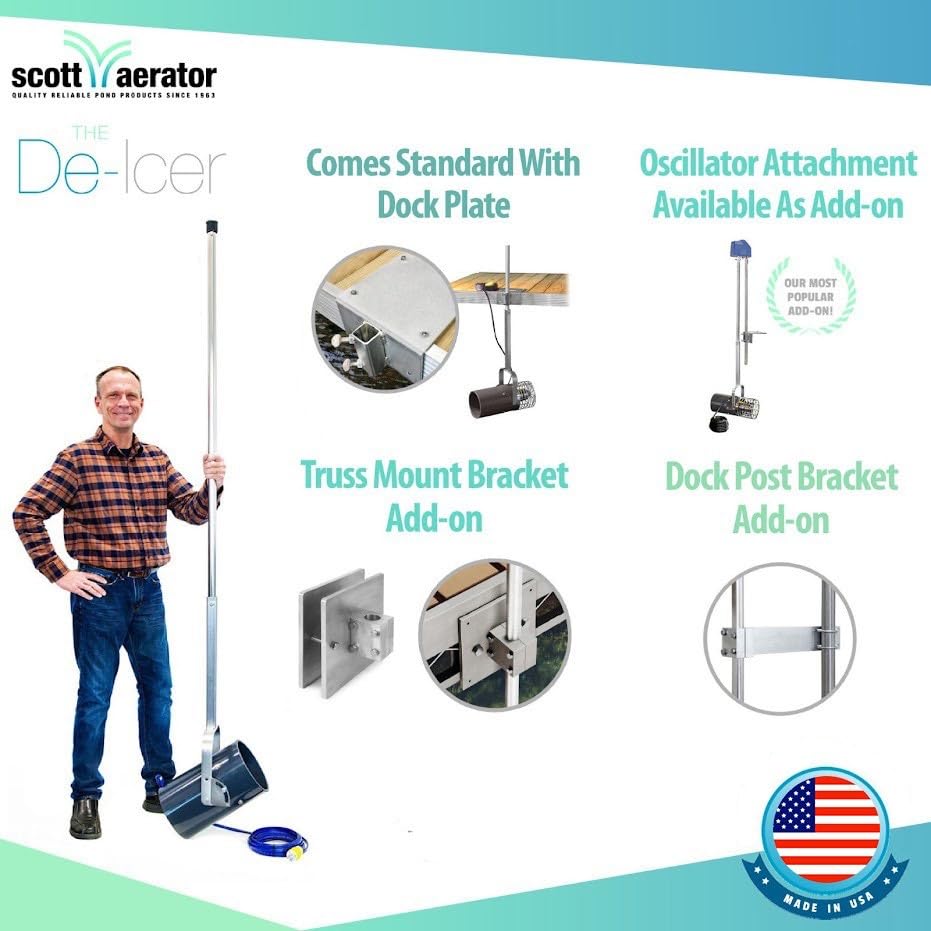Aerator Scott De-Icer for Lakes & Ponds | 1 Horse Power 230V Stainless Steel | 25 ft. Electric Corded Cable Included with Dock Mount Assembly | Made in USA