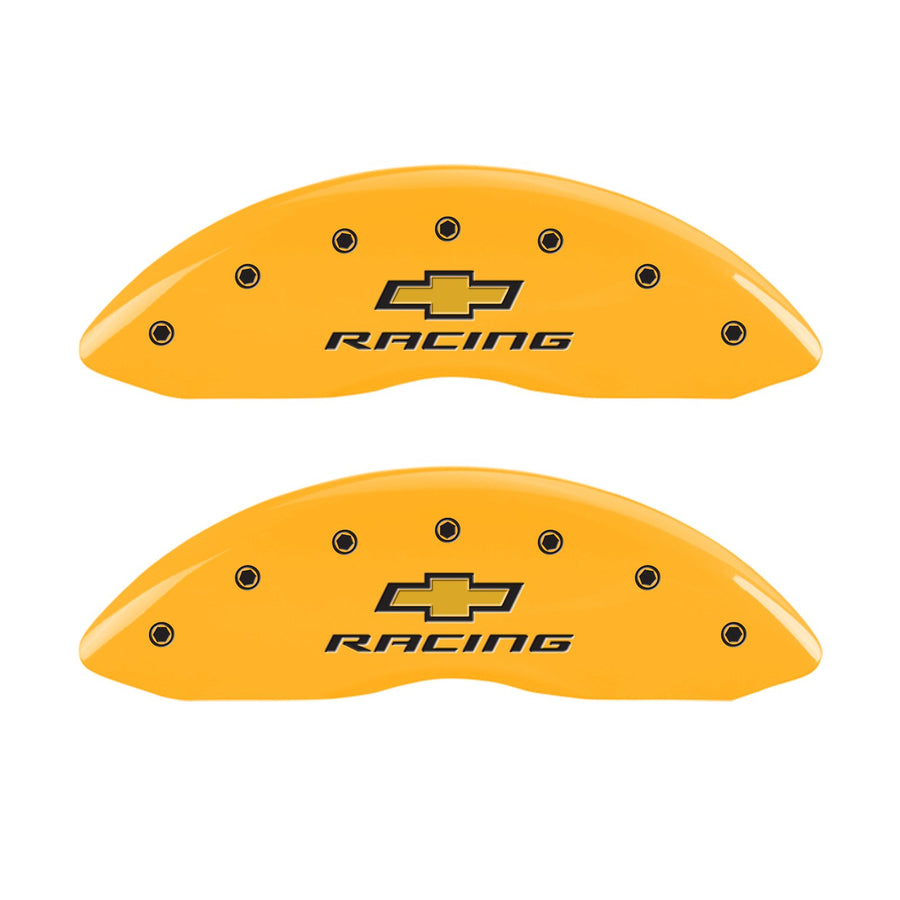 Caliper Covers MGP 14006SBRCYL, Set of 4 (Yellow Engraved Front and Rear: Chevy Racing Powder Coat Finish Black Characters)