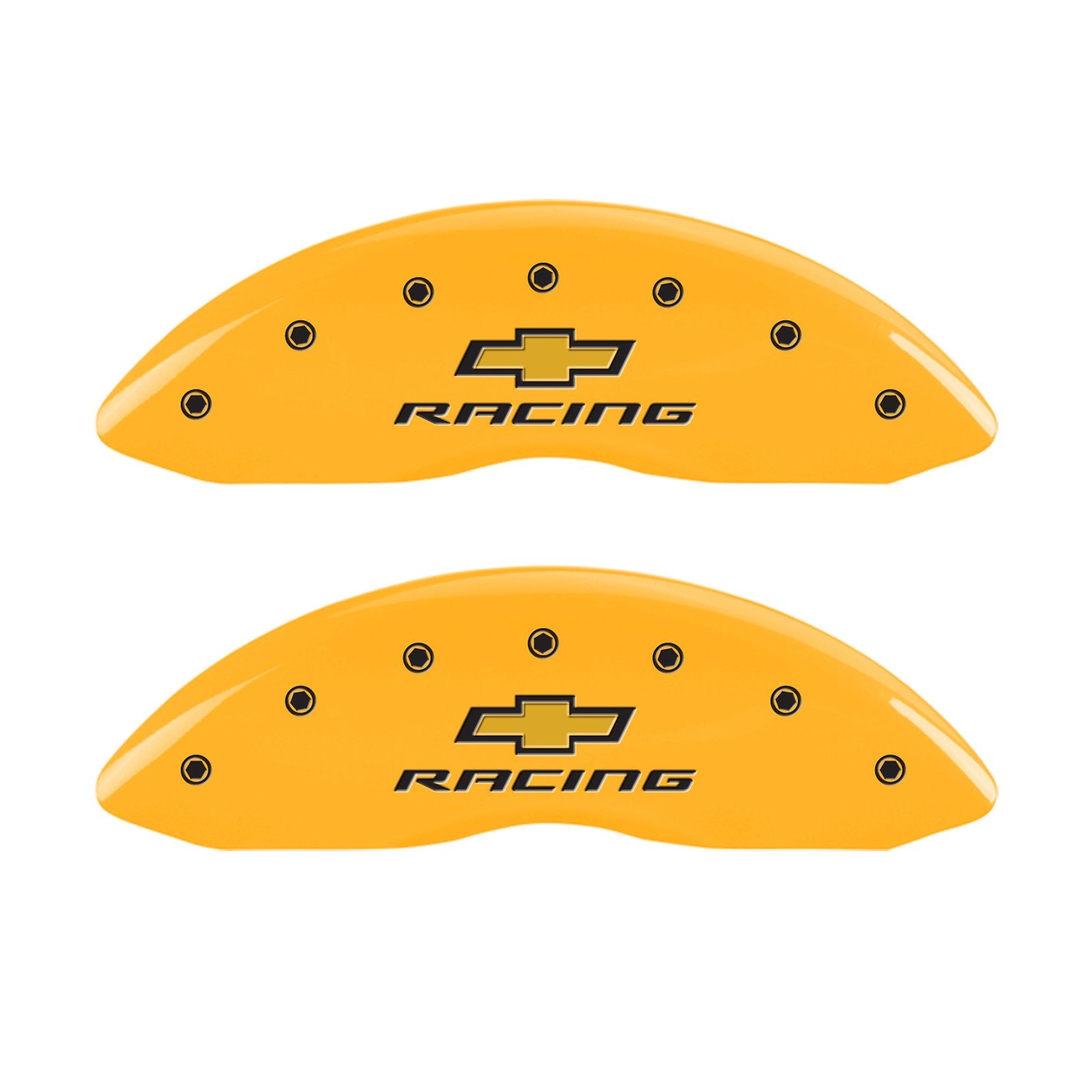 Caliper Covers MGP 14231SBRCYL Yellow (Set of 4, Engraved Front and Rear: Chevy racing, Yellow powder coat finish, black characters)