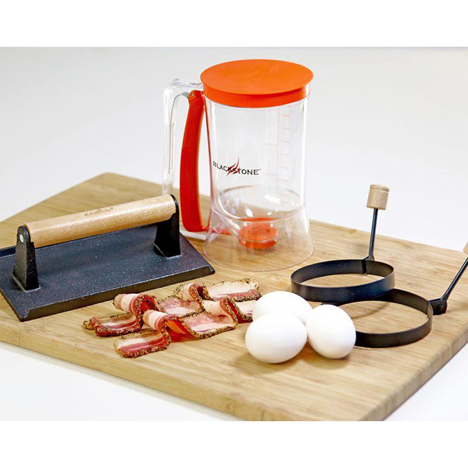 Outdoor Griddle Blackstone 1543 Breakfast Preparation Kit with Pancake Batter Dispenser, Cast Iron Bacon Press, and 2 Non Stick Steel Egg Rings