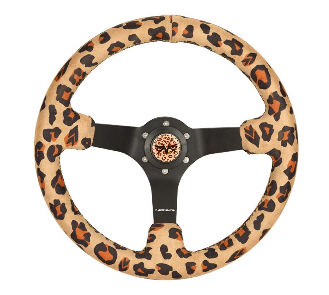NRG Innovations Reinforced Sport NRG-RST-036MB-SV-BR Steering Wheel 350mm (3' deep) Savage Brown Leopard Printed Micro Fiber Vegan Material with Matte Black Spoke