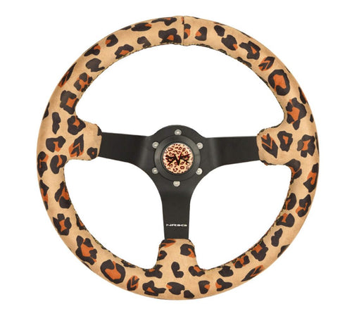 NRG Innovations Reinforced Sport NRG-RST-036MB-SV-BR Steering Wheel 350mm (3' deep) Savage Brown Leopard Printed Micro Fiber Vegan Material with Matte Black Spoke