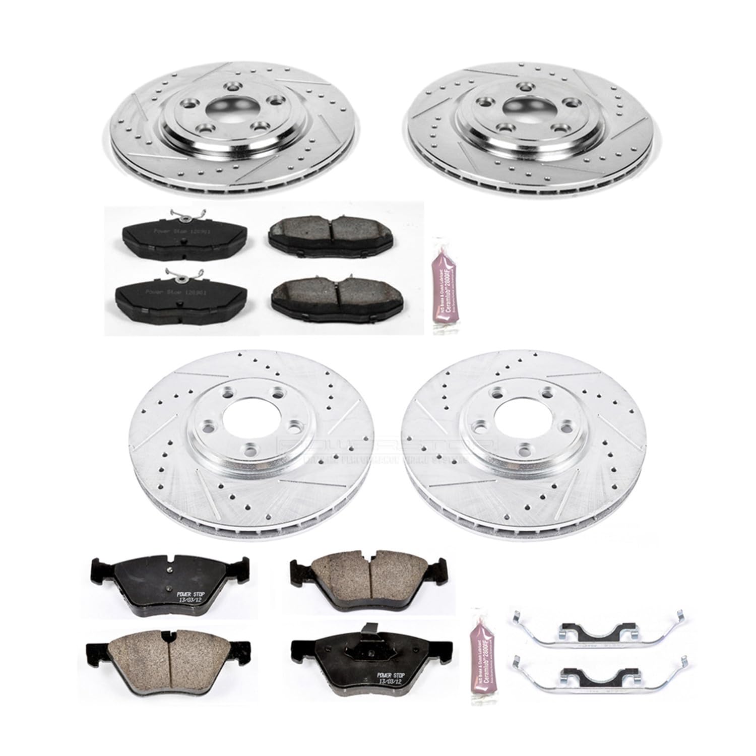 Power Stop K5506 Z23 Carbon Fiber Brake Pads Front and Rear with Drilled & Slotted Brake Rotors Kit For Jaguar S-Type 2005 [Model Specific]