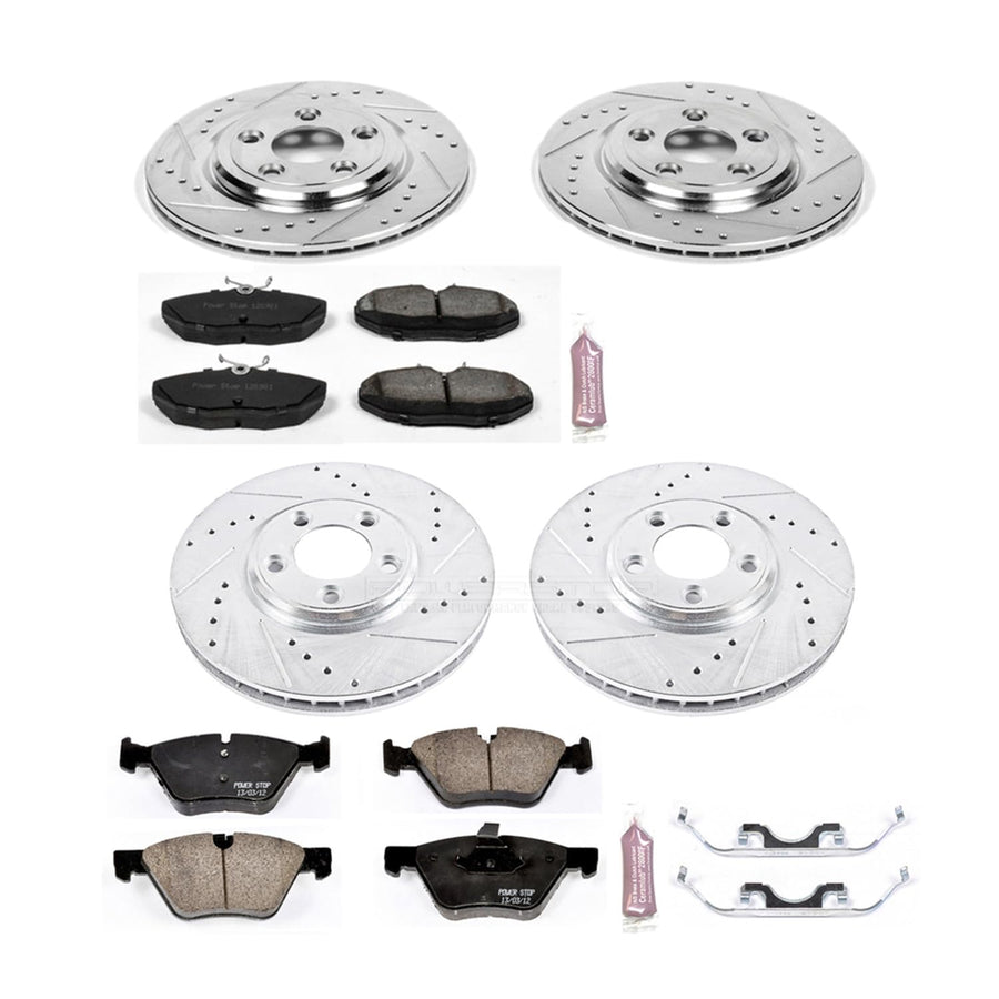 Power Stop K5506 Z23 Carbon Fiber Brake Pads Front and Rear with Drilled & Slotted Brake Rotors Kit For Jaguar S-Type 2005 [Model Specific]