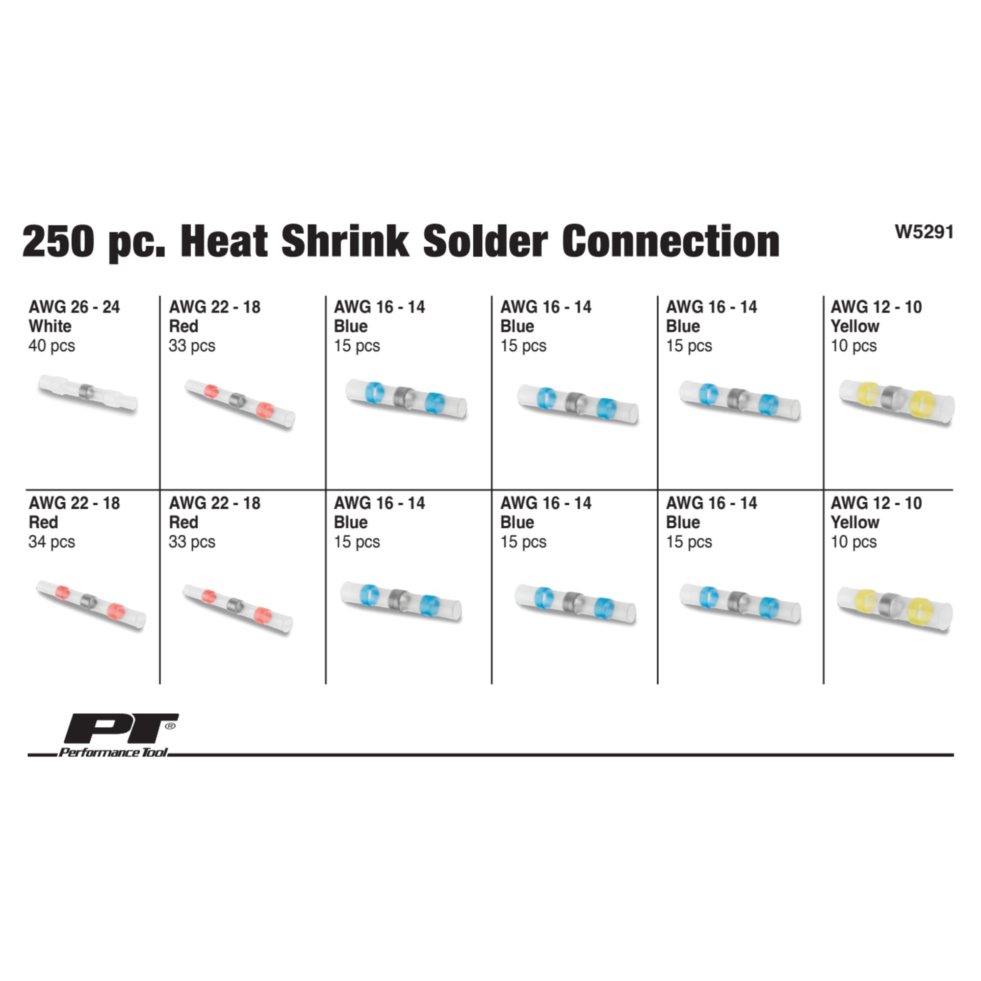 W5291 Performance Tool 250 Pc. Heat Shrink Solder Connectors - Hot Melt Adhesive, Water-Resistant, Strong Electrical Connections, White, Red, Blue, Yellow