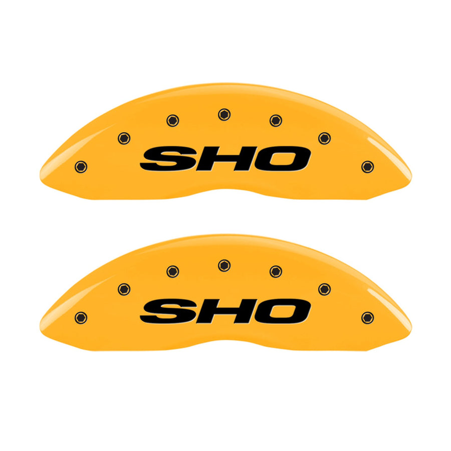 Caliper Covers MGP 10128SSHOYL, Set of 4 (Yellow Engraved Front and Rear: SHO Powder Coat Finish Black Characters)