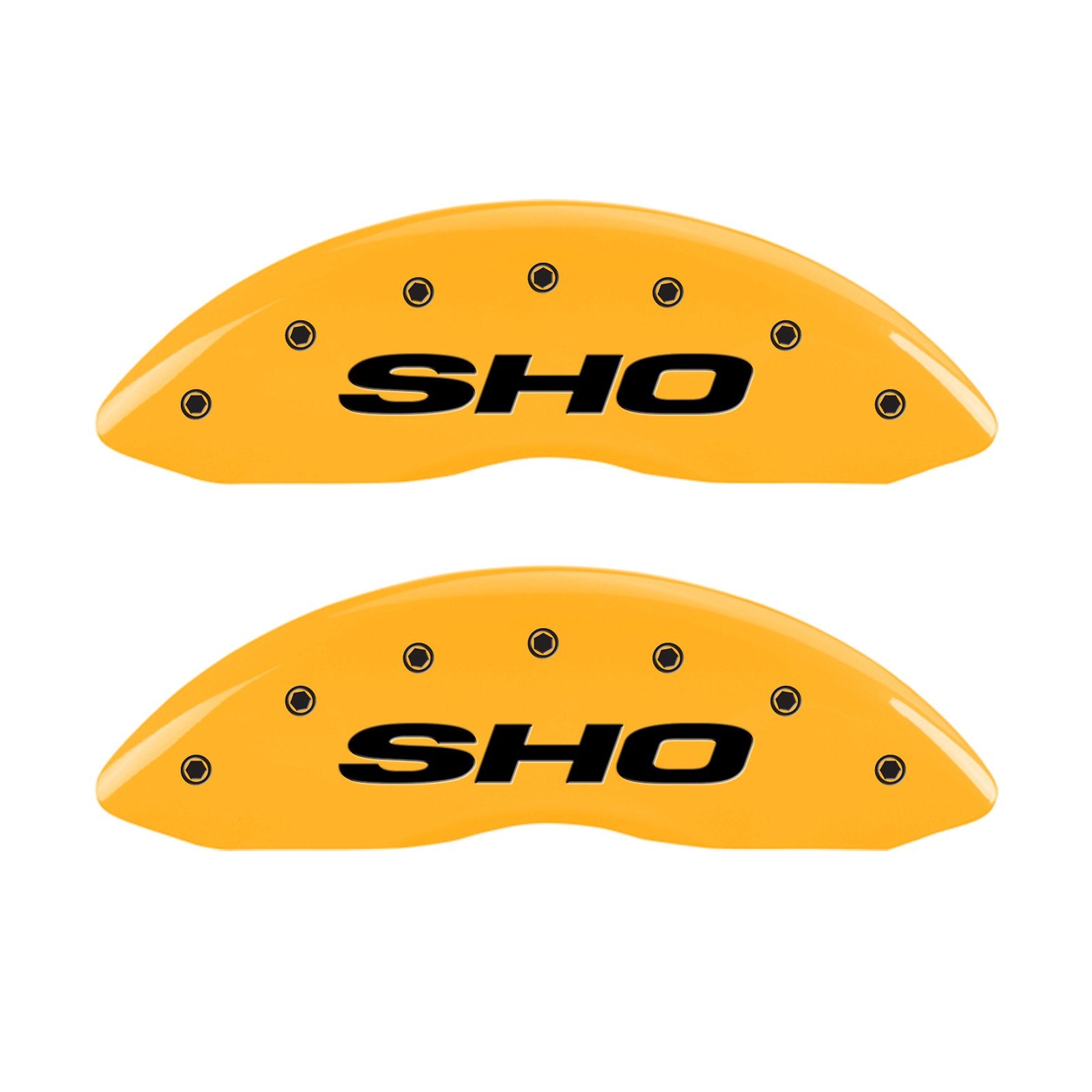 Caliper Covers MGP 10222SSHOYL, Set of 4 (Yellow Engraved Front and Rear: SHO Powder Coat Finish Black Characters)