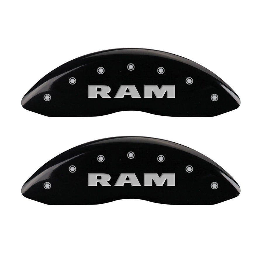 MGP Caliper Covers Front and Rear 12124SRMHBK Black Powder Coat Finish, Set of 4 (RAM RAMHEAD Silver Characters, Engraved)