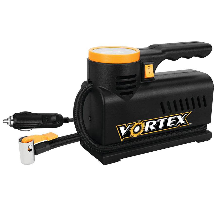Vortex Performance Tool W7900 12V Compact Tire Inflator w/LED Light, Lever-Locking Air Chuck, Long Power Cord, Three Nozzles, Black