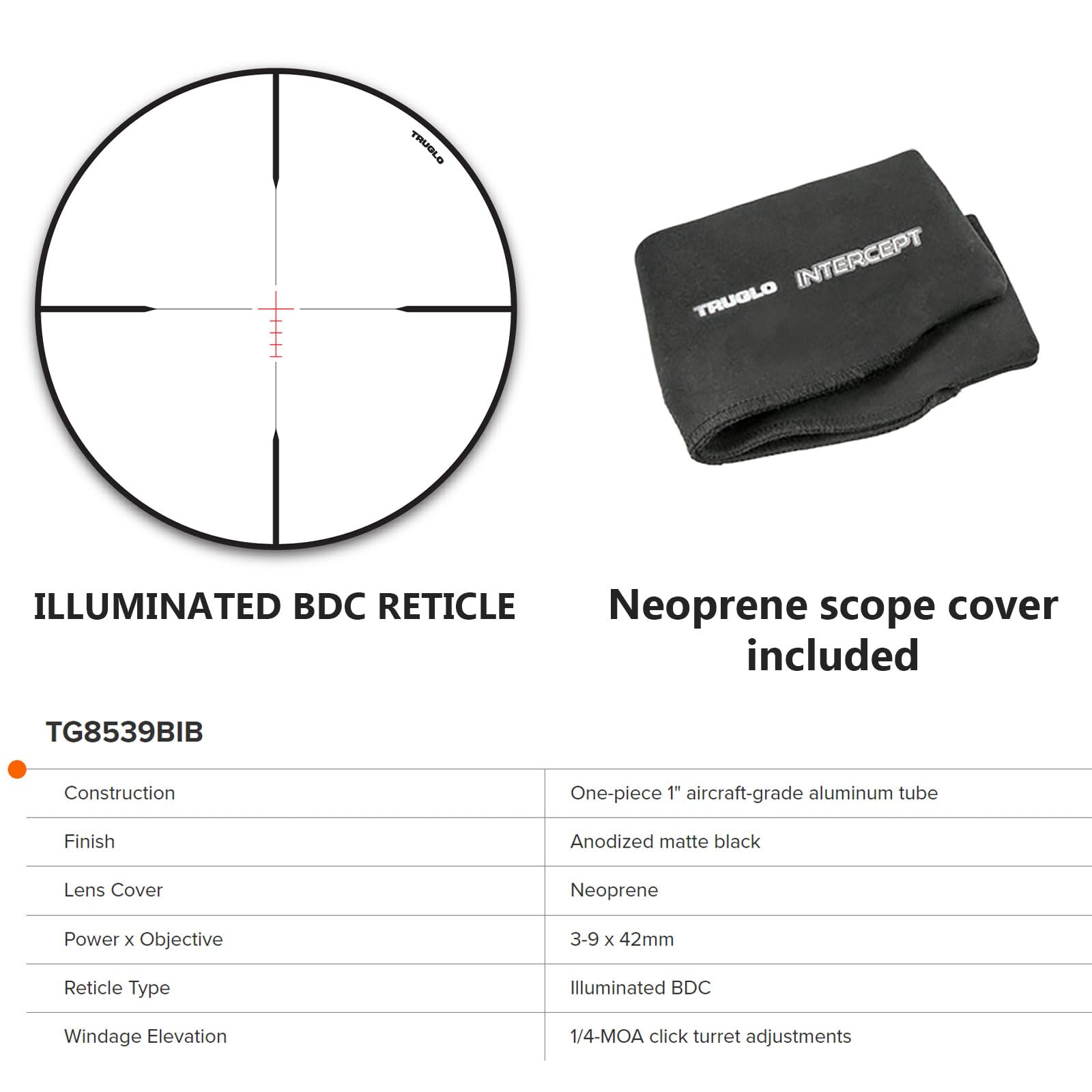 Truglo Tactical Intercept Hunting Shooting Durable Waterproof Fogproof Scratch-Resistant 1" Tube Illuminated Reticle Riflescope with Scope Cover Included, 3-9 x 42mm, Illuminated BDC Reticle