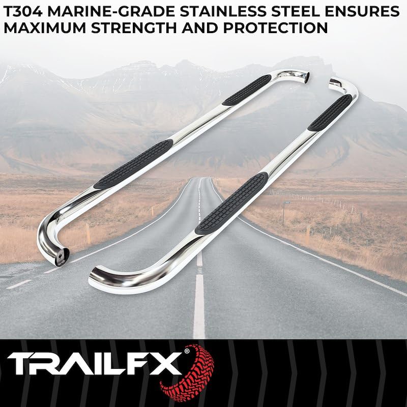 TrailFX Nerf Bars 2021-2025 Fits Ford Bronco Sport Polished 3 Inch Round Bent Stainless Steel with Step Pads Rocker Panel Mount Running Boards with Mounting Hardware TrailFX A0065S