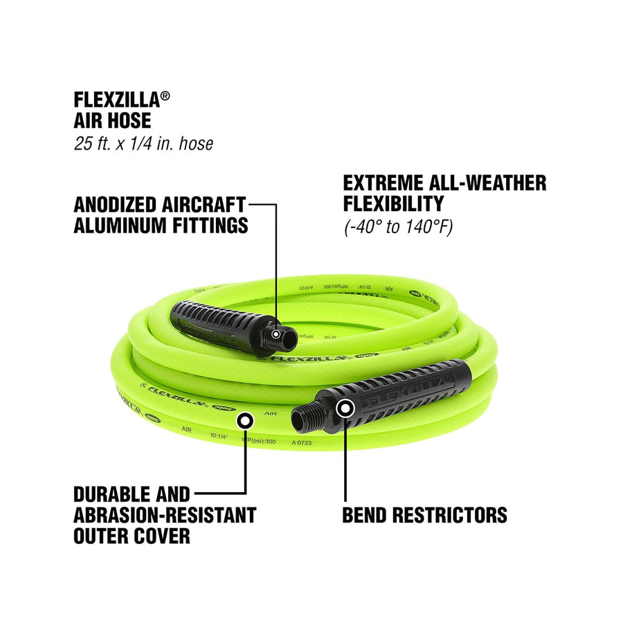 Air Hose Flexzilla, 1/4 in. x 25 ft., 1/4 in. MNPT Fittings, Heavy Duty, Lightweight, Hybrid, ZillaGreen - HFZ1425YW2