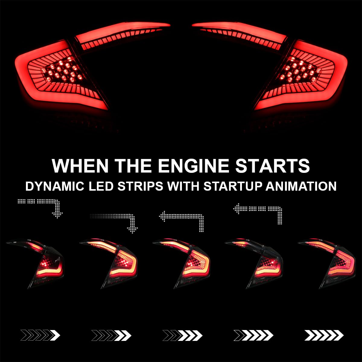 Black Tail Lights w/White LED Strips, SPEC-D TUNING Sequential LED Turn Signal, and Startup Animation Compatible with 2016-2021 Honda Civic 4-Door Sedan, Left + Right Pair Assembly