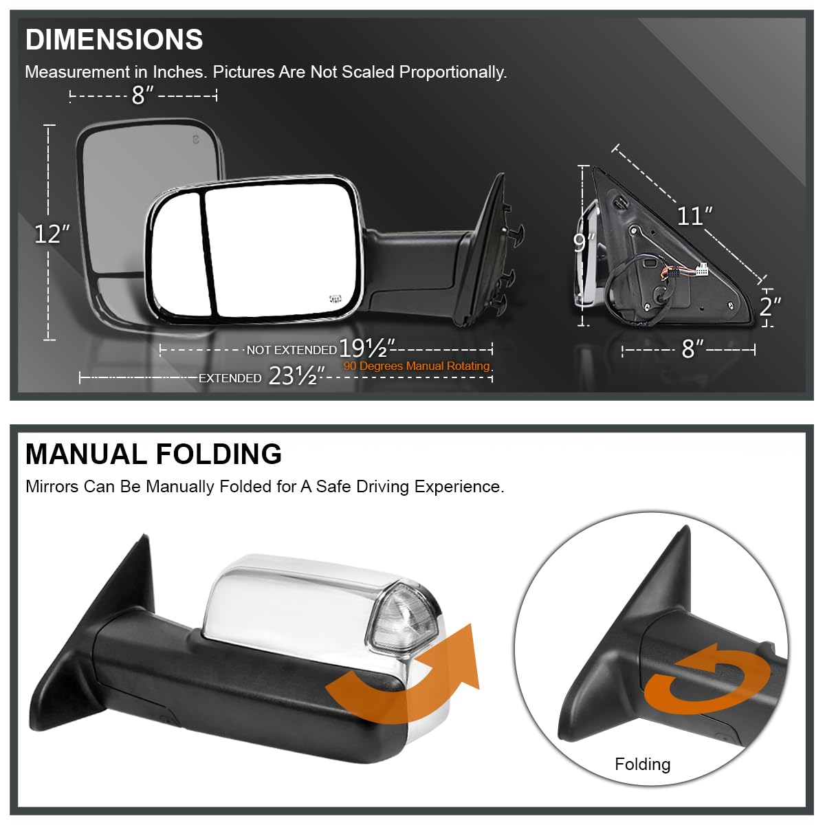 Spec-D Tuning Heated Power Fold Towing Side Mirrors w/LED Signal+Puddle+Temp Sensor Compatible with 2013-2018 Dodge Ram 1500 2500 3500/2019-2024 Dodge Ram 1500 Classic Left + Right Pair