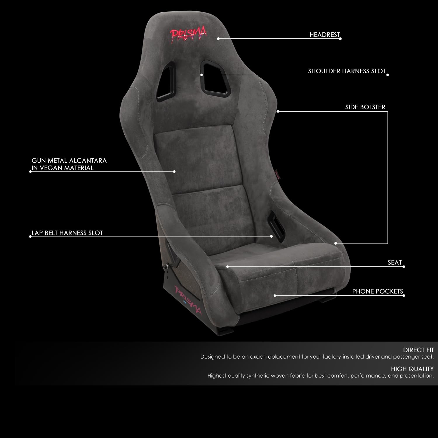 NRG Innovations Universal Fixed Back NRG-FRP-303GM-PRISMA Bucket Racing Seat for 5-Point Harnesses, Size M, Gun Metal Alcantara Material, 22" W X 34" H X 16" D
