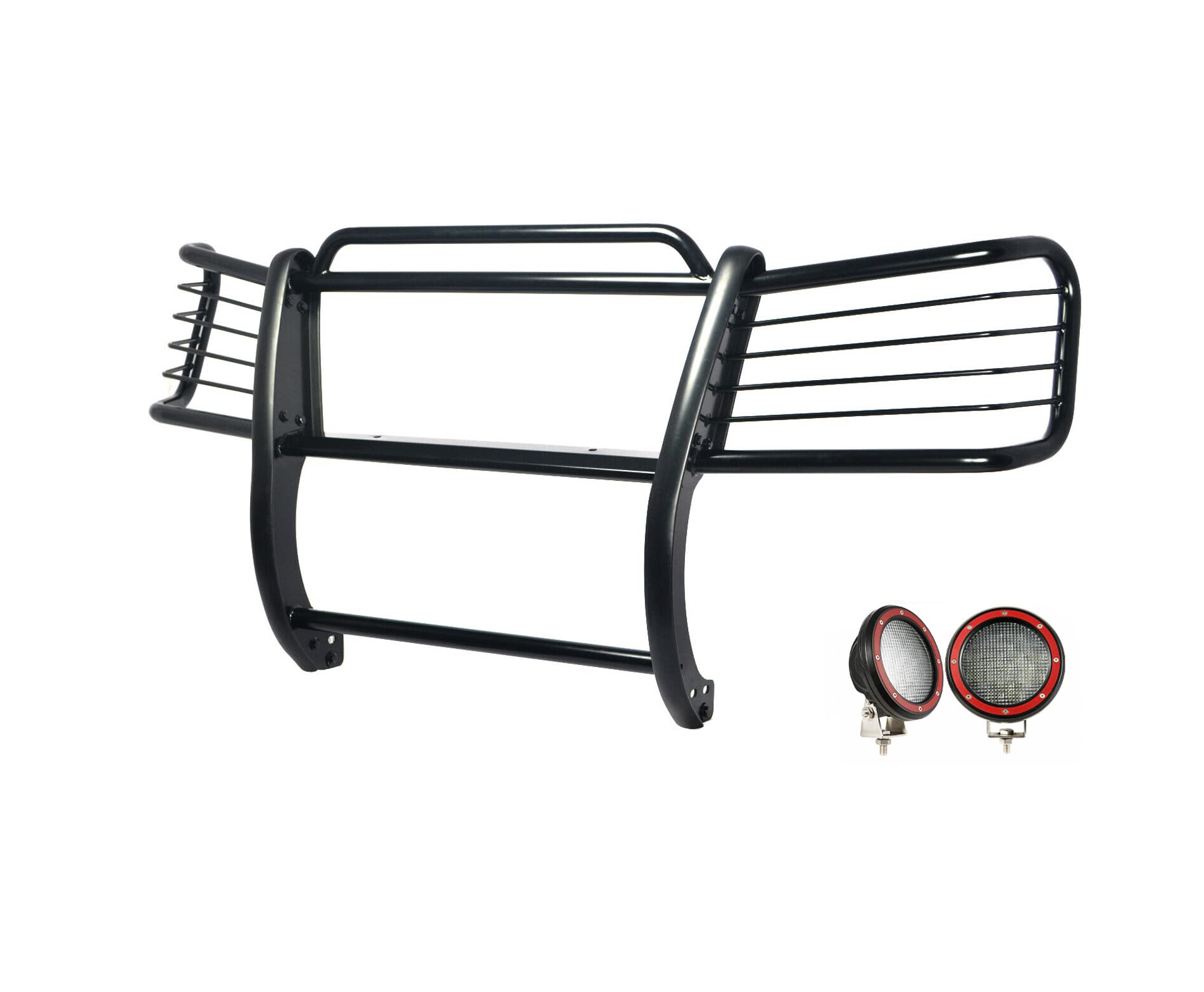 Black Horse Grille Brush Bumper Guard Black Modular Come with Pair of 5.3" Dia.LED Lights with Red Trim Rings Compatible with 2002-2009 Chevy Trailblazer|2002-2006 Chevy Trailblazer EXT-17GK26MA-PLFR