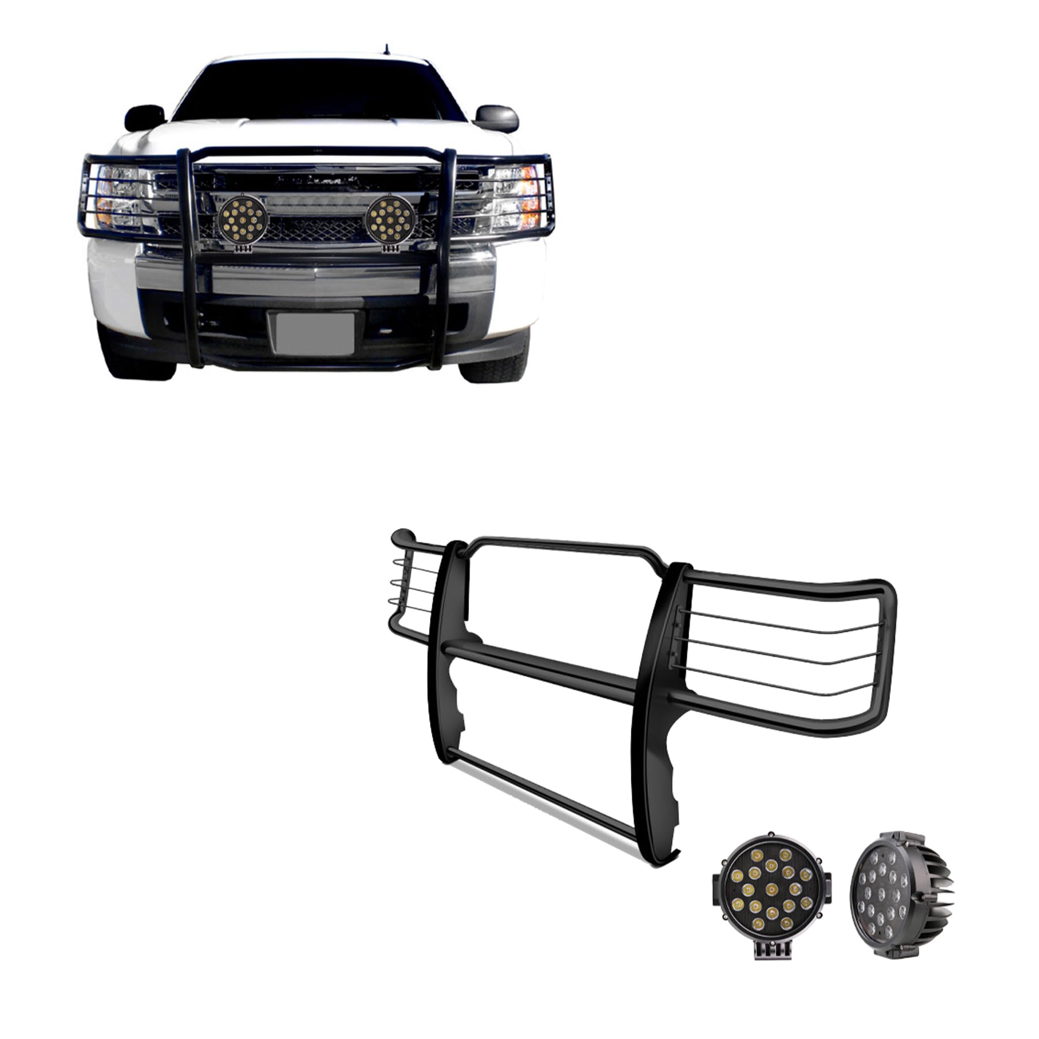 Bumper Guard Modular Black Horse Grille brush Come With pair of 7.0"Dia.LED Lights with Black Trim Rings Compatible with 2014-2018 Chevrolet Silverado 1500-17GT27MA-PLB