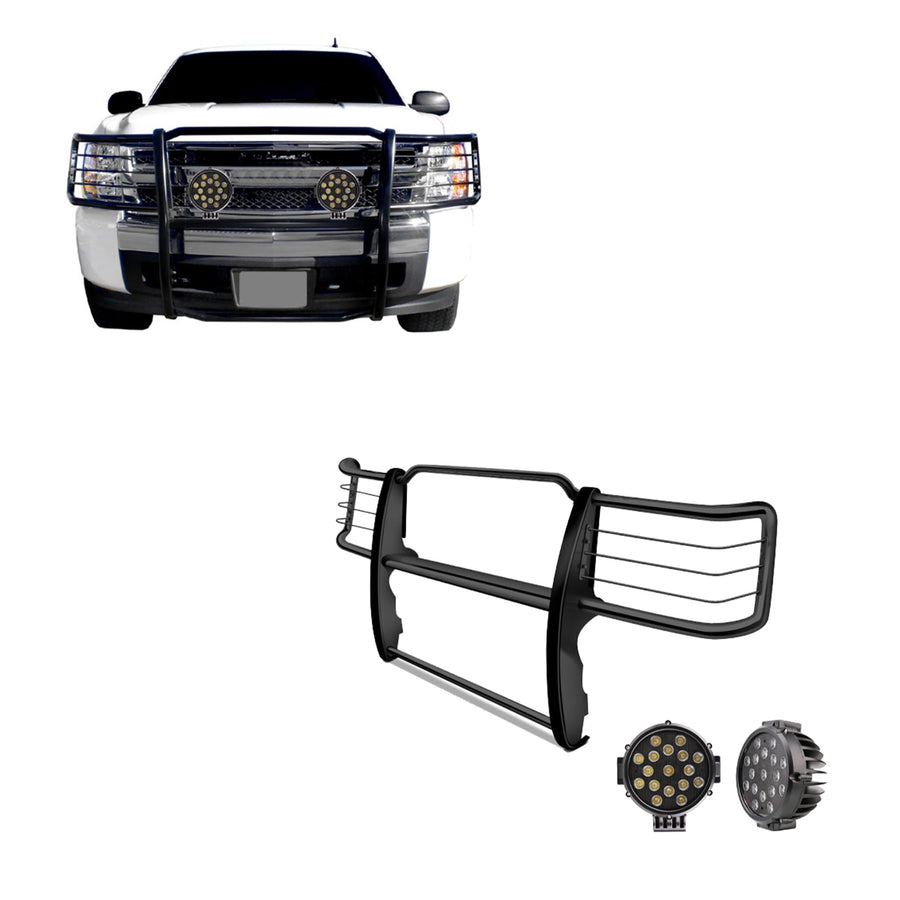 Bumper Guard Modular Black Horse Grille brush Come With pair of 7.0"Dia.LED Lights with Black Trim Rings Compatible with 2014-2018 Chevrolet Silverado 1500-17GT27MA-PLB