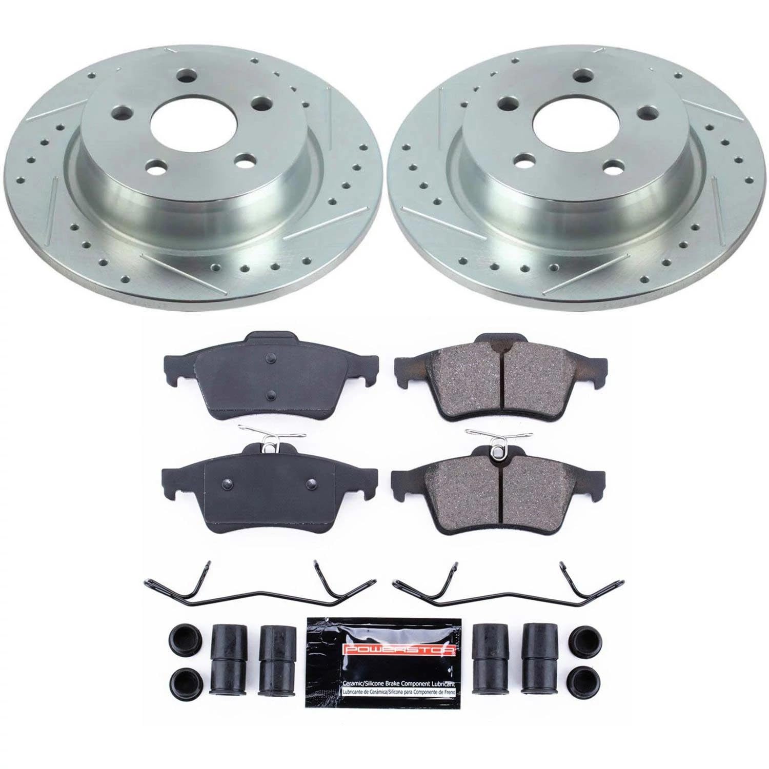 Power Stop K8176 Z23 Carbon Fiber Brake Pads Rear with Drilled & Slotted Brake Rotors Kit For Ford Transit Connect 2018-2023 [Model Specific]