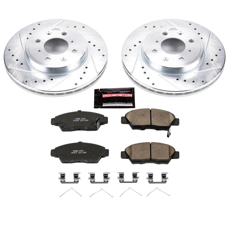 Power Stop K7032 Z23 Carbon Fiber Brake Pads with Drilled & Slotted Brake Rotors Kit For Honda Fit 2015-2020 [Model Specific]