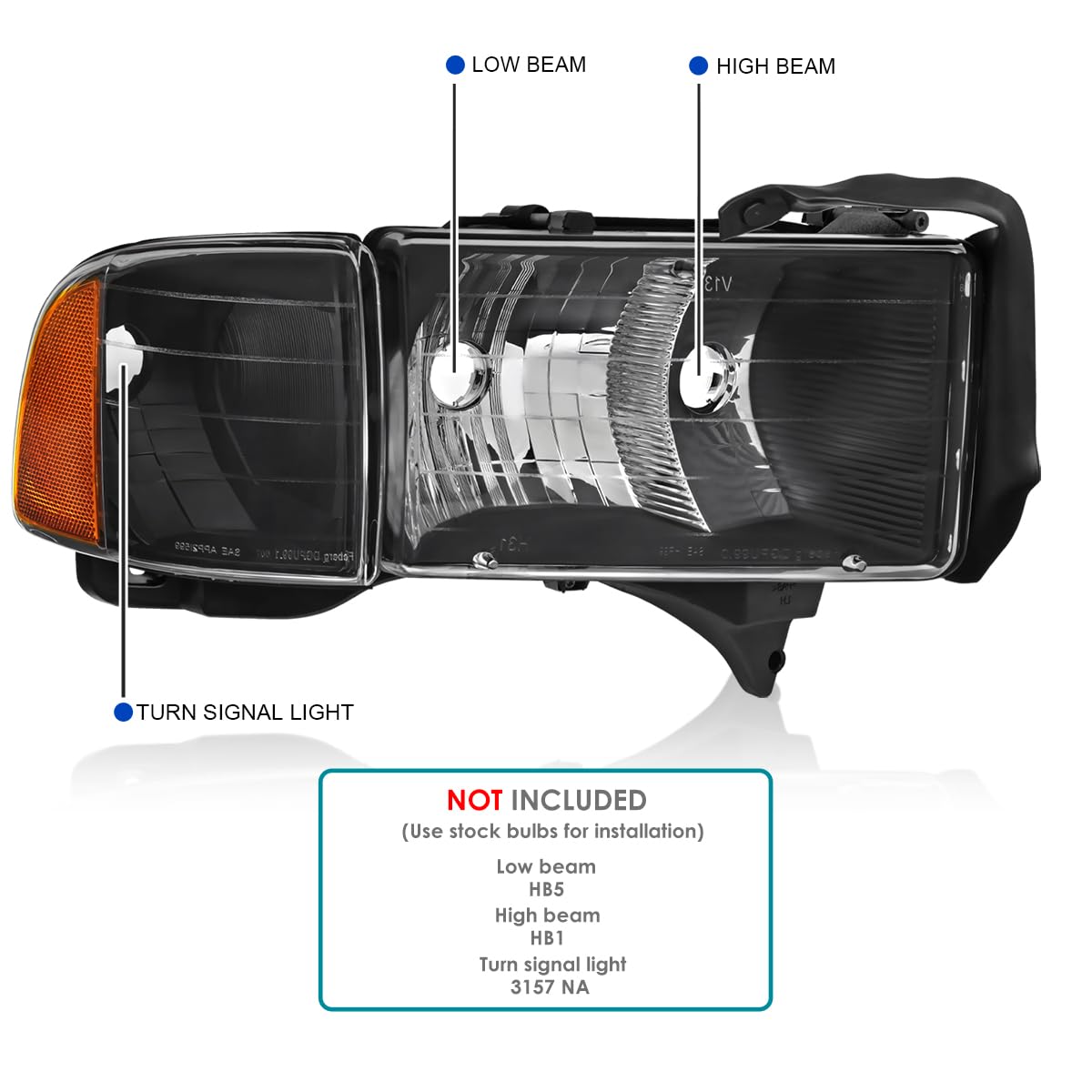 Black Headlights SPEC-D TUNING Compatible with 1999-2001 Dodge Ram 1500/2500 / 3500 Sport