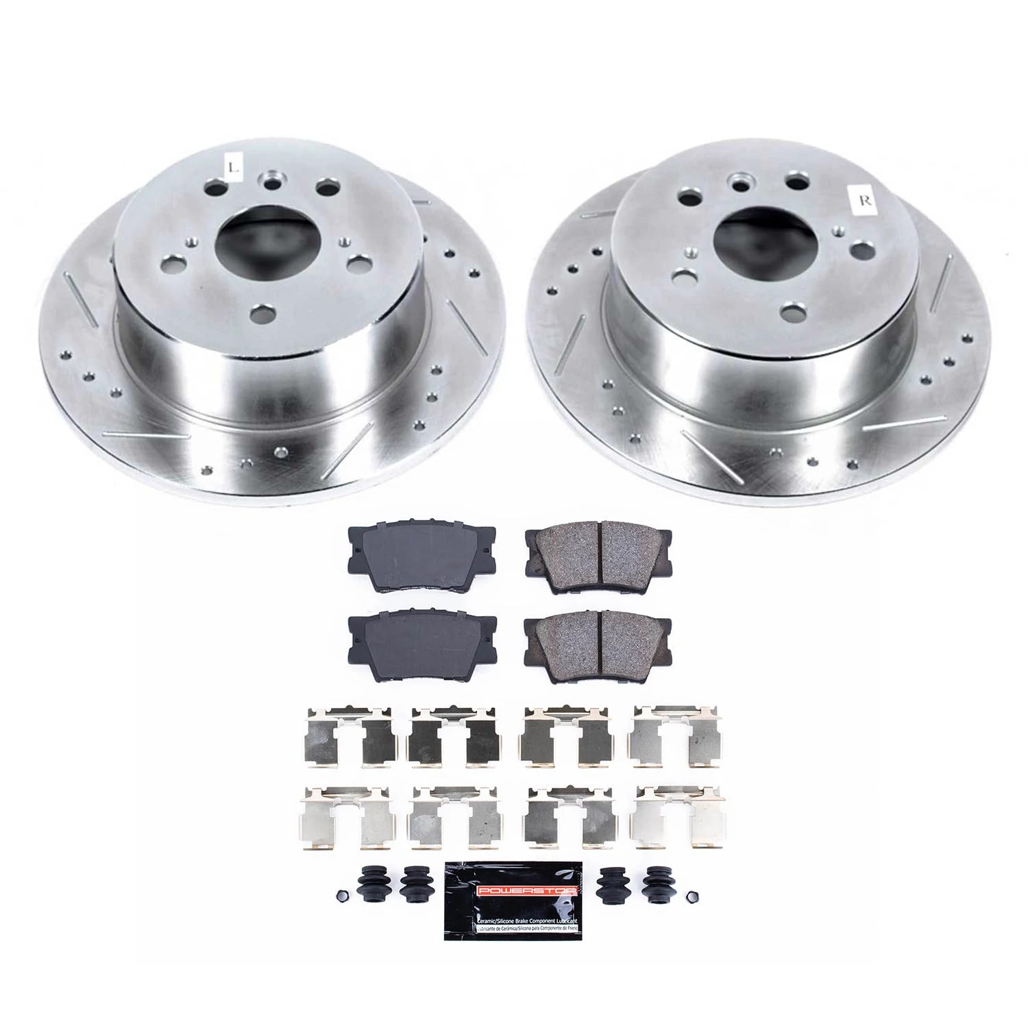 Power Stop K6520 Z23 Carbon Fiber Brake Pads with Drilled and Slotted Brake Rotors Kit Rear For 2013-2018 ES300h | 2013-2018 Lexus ES350 | 2013-2018 Avalon | 2012-2017 Toyota Camry