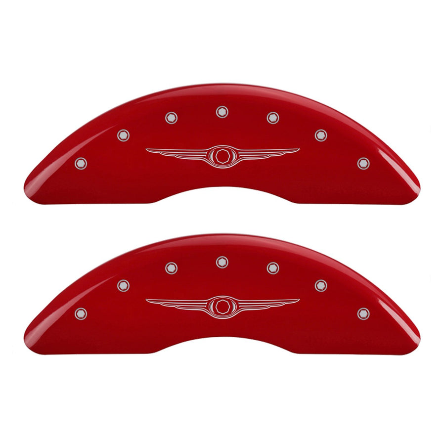 MGP 32002SCW1RD Caliper Covers Red Powder Coat Finish Front and Rear Caliper Cover, Set of 4 (Style 1/Chrysler Wing Silver Characters, Engraved)