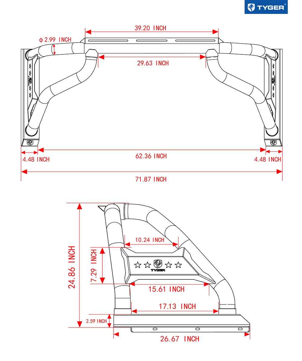 Tyger Auto Sport Bar Compatible with 2002-2018 Dodge Ram 1500; 2500 3500 2002-2023; 2019-2024 Classic | Fleetside 6.5/8' Bed | TG-SB7D88258 | Textured Black | Light Mount | Roll Bar