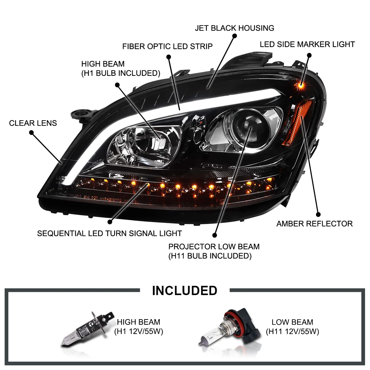 Jet Black SPEC-D TUNING Projector Headlights w/LED Sequential Signal Compatible with 2006-2008 Mercedes Benz W164 ML350 ML500 ML-Class, Left + Right Pair Headlamps Assembly