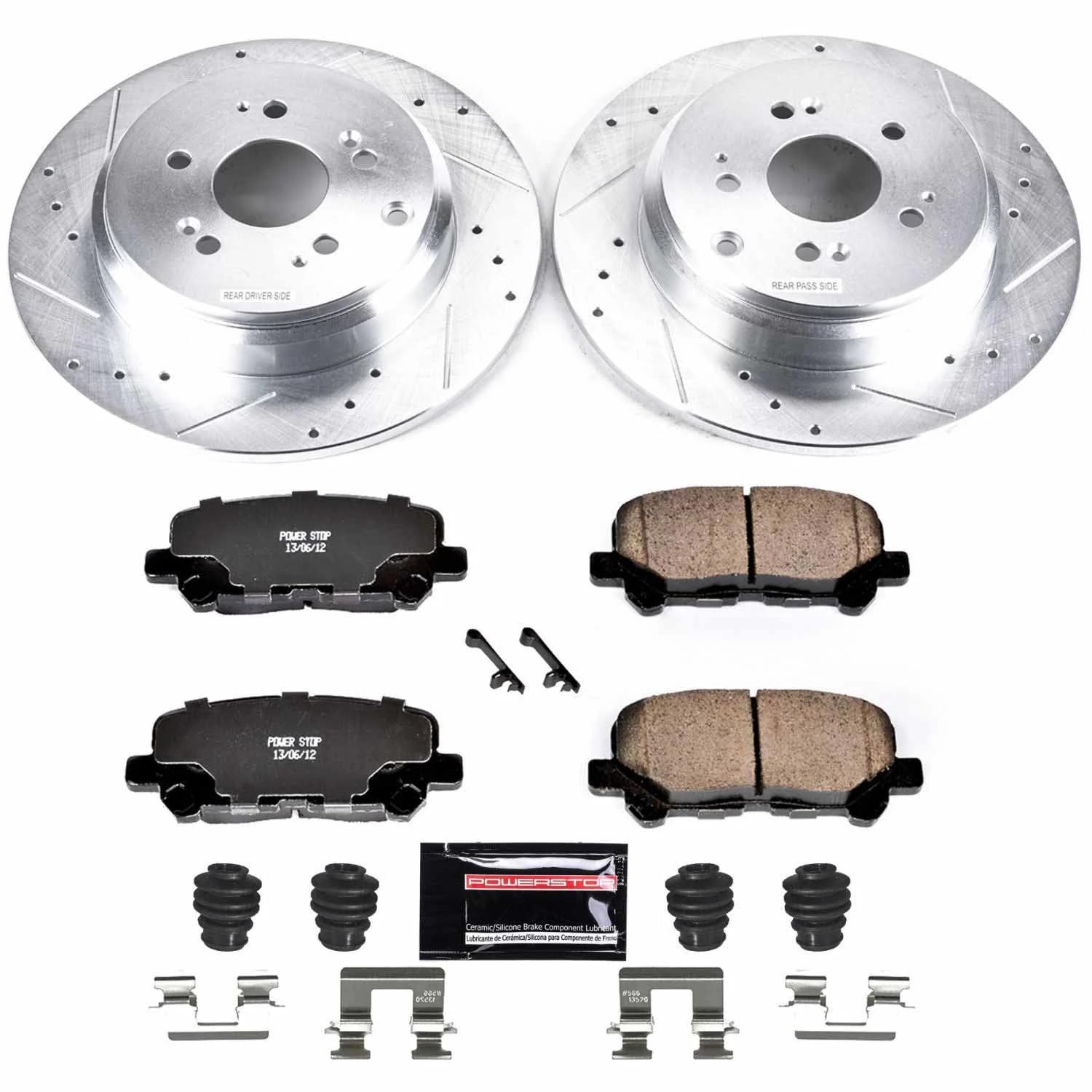 Rear Power Stop K5839 Z23 Carbon Fiber Brake Pads with Drilled & Slotted Brake Rotors Kit For Honda Pilot 2012-2015 [Model Specific]