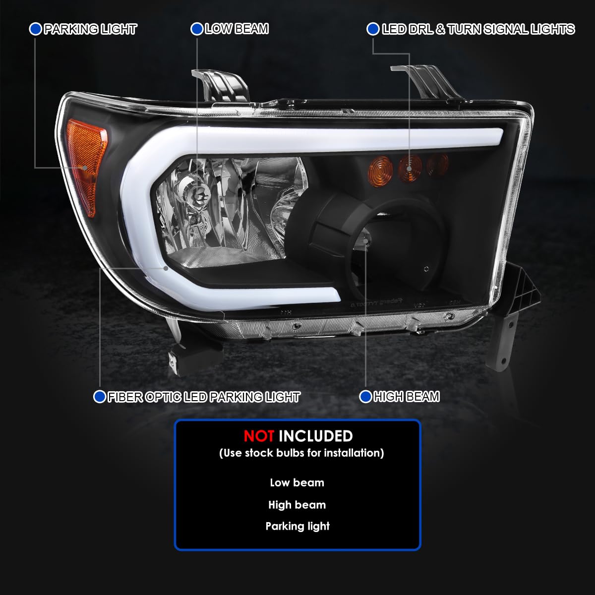 Black Headlights w/LED Tube SPEC-D TUNING Compatible with 2007-2013 Toyota Tundra, Left + Right Pair Headlamp Assembly
