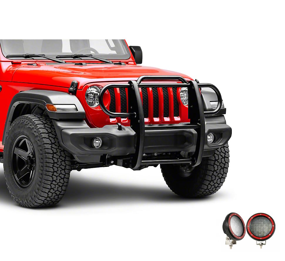 Bumper Guard Modular Black Black Horse Grille brush Come With Pair of 5.3" Dia.LED Lights with Red Trim Rings Compatible with 2020-2024 Jeep Gladiator|2018-2024 Jeep Wrangler-17JPJLMA-PLFR