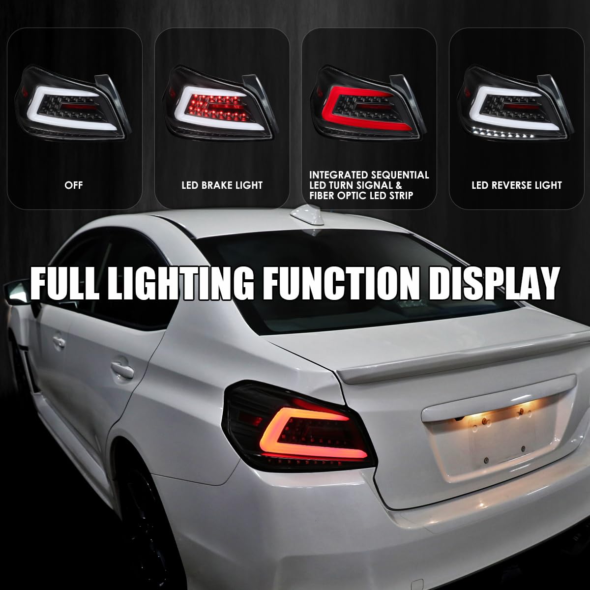 Black LED Tail Lights SPEC-D TUNING w/White Sequential LED Tube Compatible with 2015-2021 Subaru WRX/WRX STI Left + Right Pair Assembly