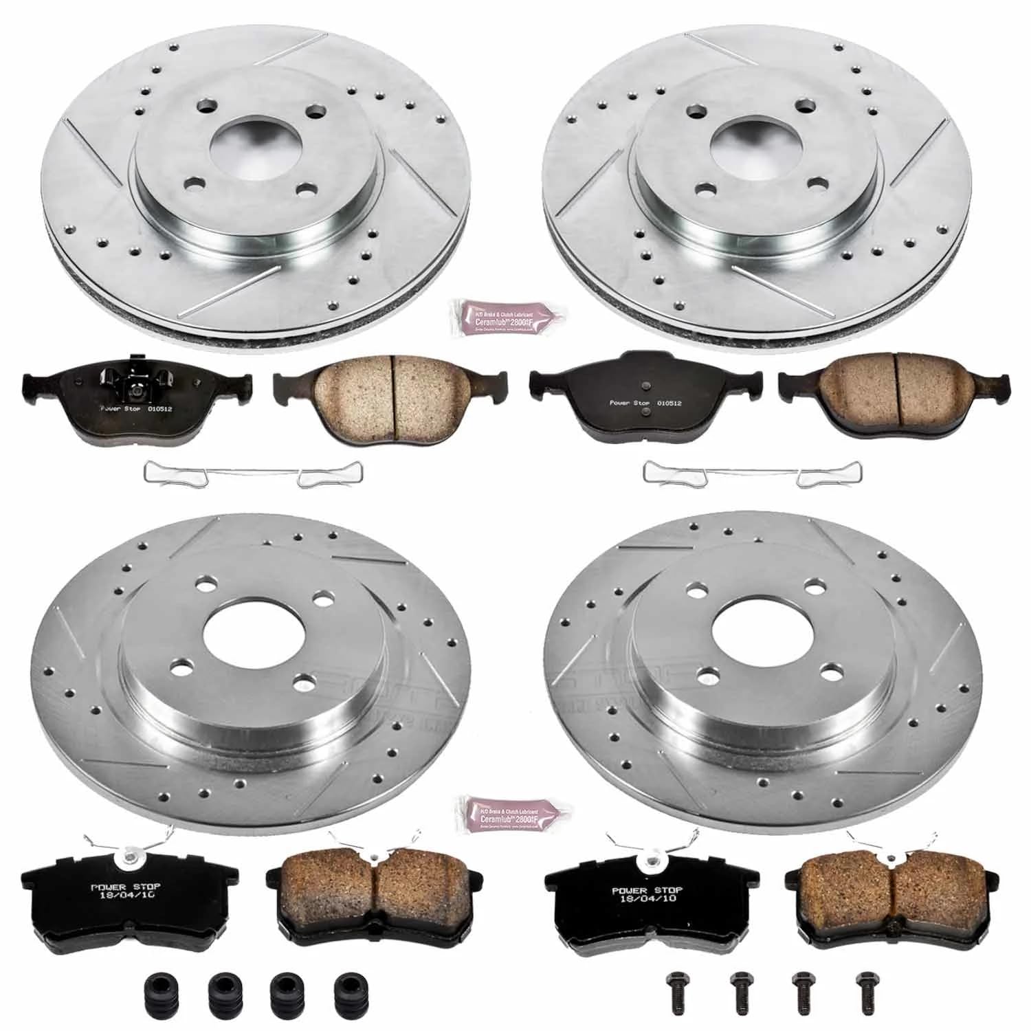 Power Stop K4467 Z23 Carbon Fiber Brake Pads Front and Rear with Drilled & Slotted Brake Rotors Kit For Ford Focus 2002-2004 [Model Specific]