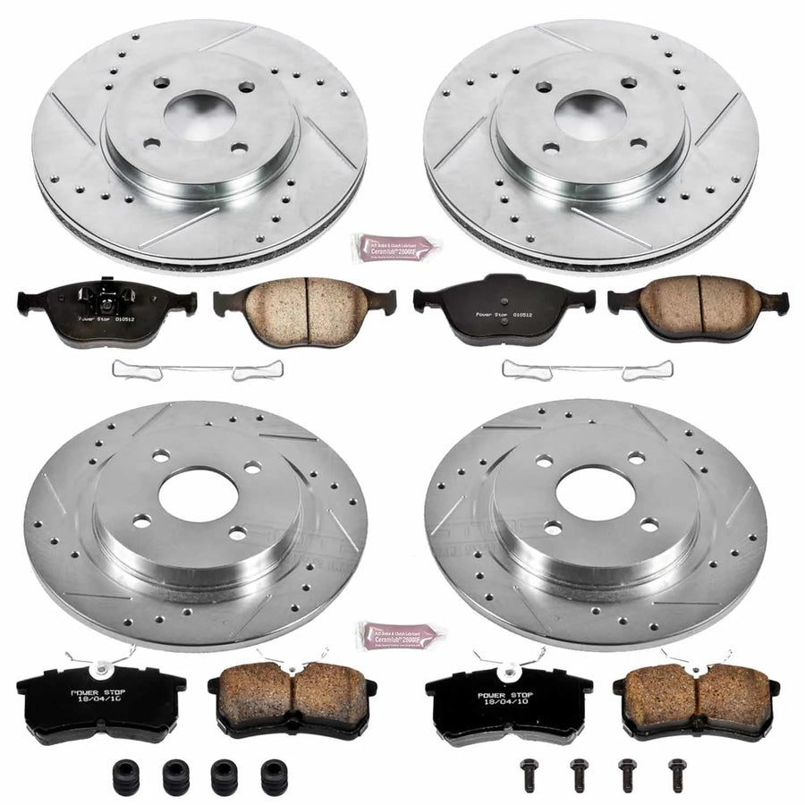 Power Stop K4467 Z23 Carbon Fiber Brake Pads Front and Rear with Drilled & Slotted Brake Rotors Kit For Ford Focus 2002-2004 [Model Specific]