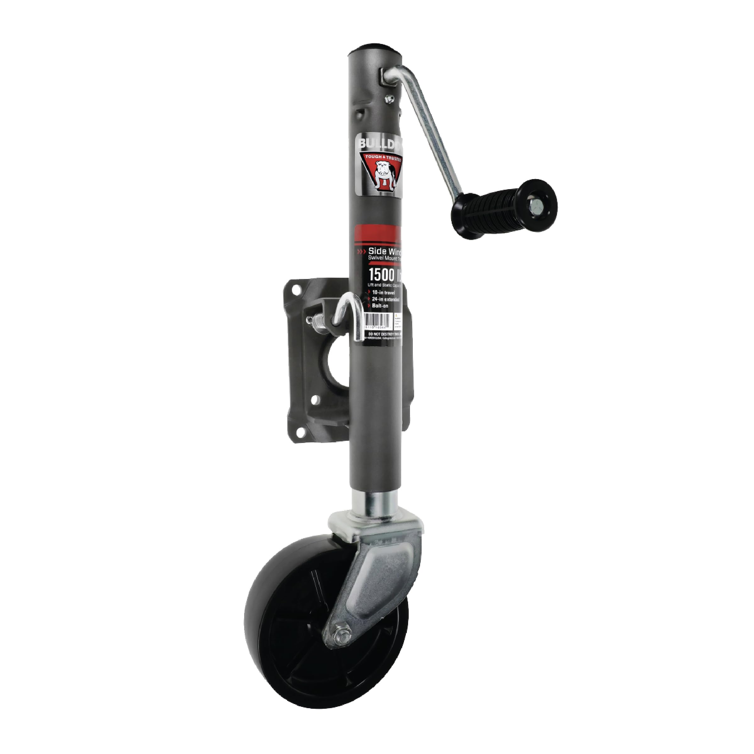 Round Bulldog 151444 Trailer Jack, Side Mount, 1,500 lbs. Lift Capacity, Sidewind, Bolt-On, 10 Inch Travel