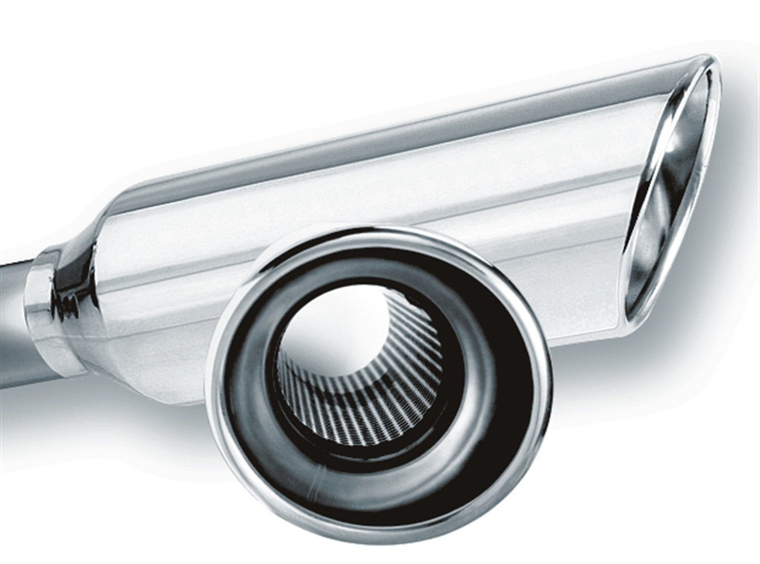 BORLA 20248 Performance Universal Exhaust Tip 2.25" Single Inlet / 4" Round Angle-Cut Single Outlet 12" Long Resonated Lined Polished T-304 Stainless Steel Weld On Design