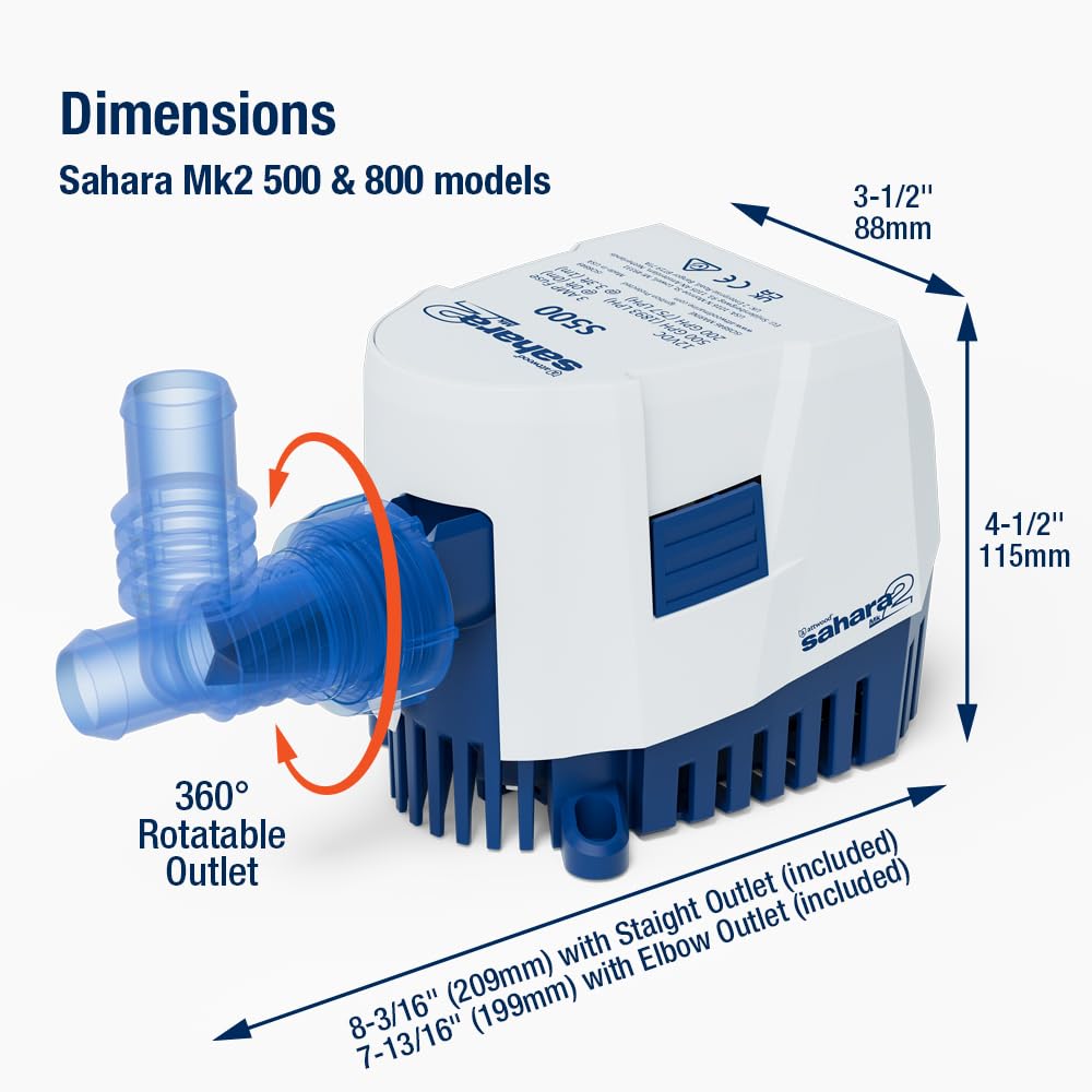 Sahara MK2 Attwood 5508-7 S800 (12V), Automatic Bilge Pump, 800 GPH, with Fittings (Elbow & Straight), Direct Replacement for Attwood 4507-7