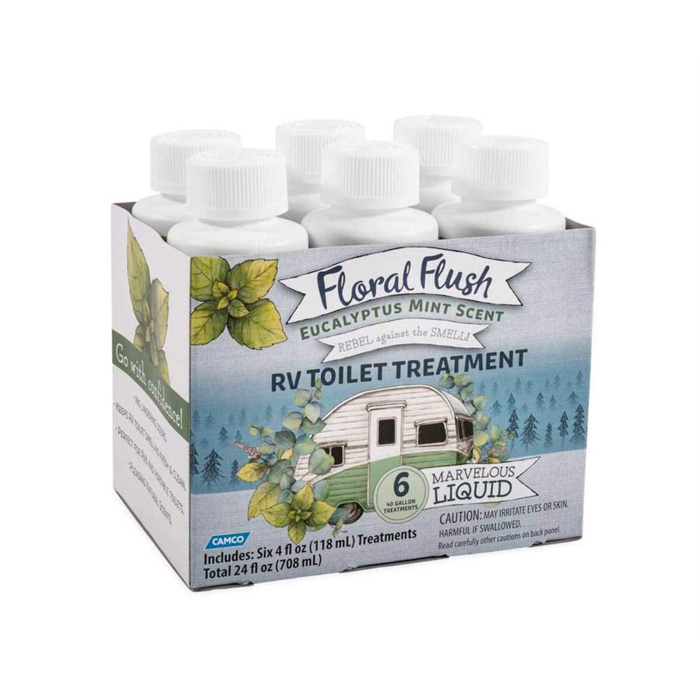 Camco 41482 RV Toilet Treatment Singles, Floral Flush Eucalyptus Mint Scent - Eliminates Odors and Breaks Down Waste - Each Bottle Treats Up to 40-gallons - Contains (6) 4 oz. Bottles
