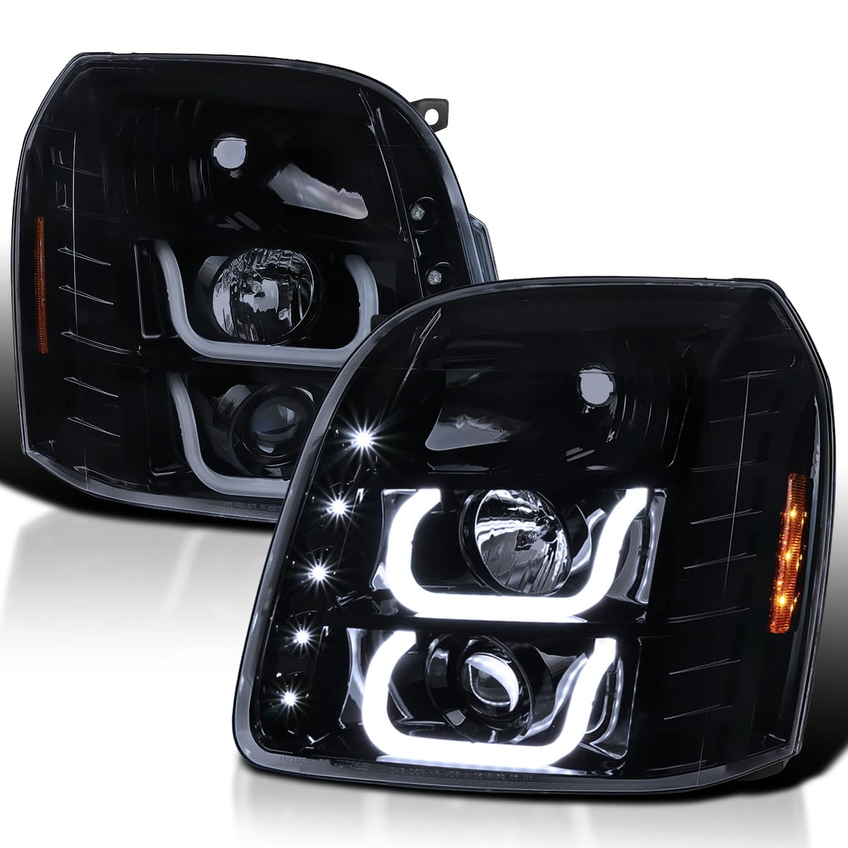 Glossy Black Smoke SPEC-D TUNING U-Shape Halo Projector Headlights Compatible with 2007-2014 GMC Yukon