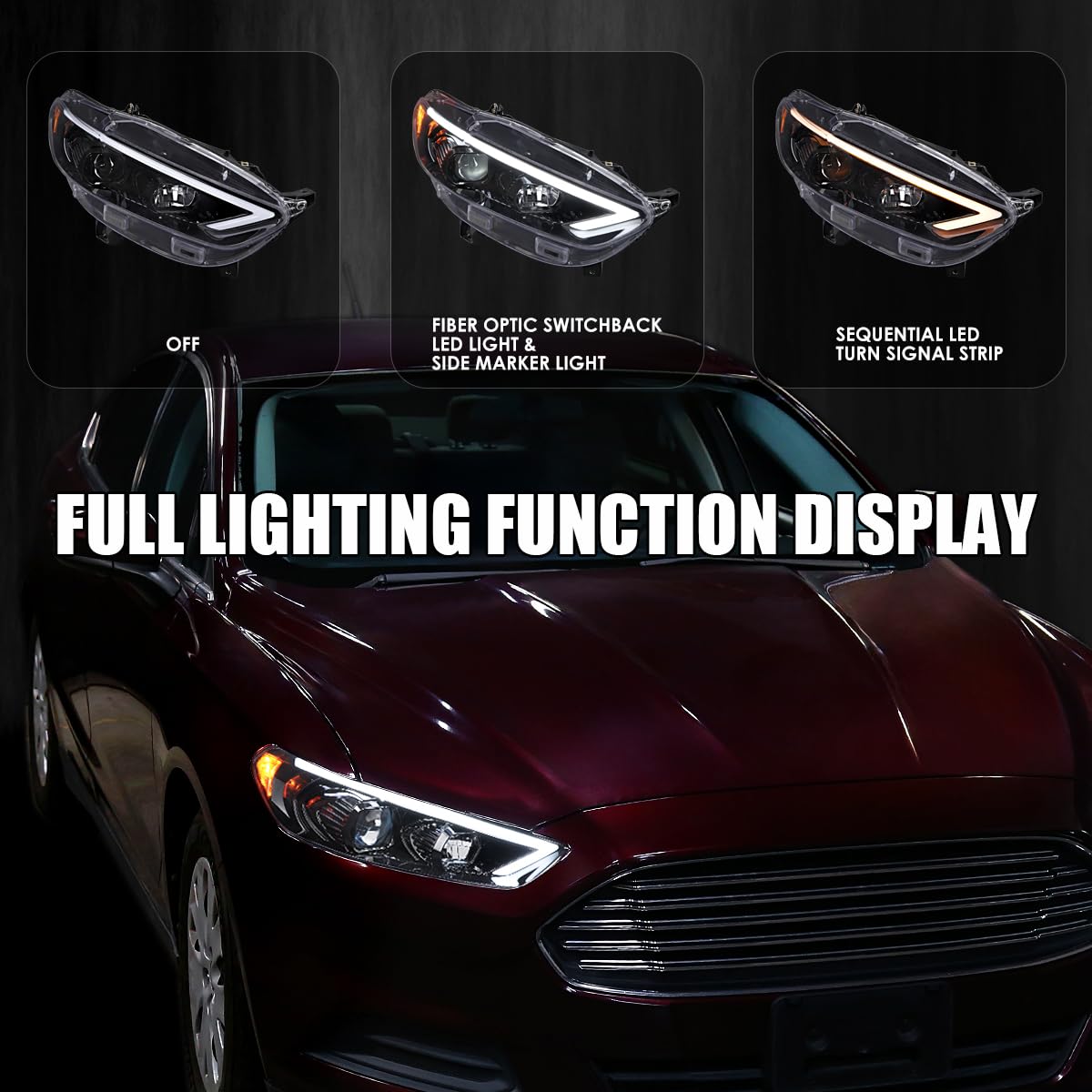 Jet Black SPEC-D TUNING Projector Headlights w/Sequential Switchback LED Tube Signal Compatible with 2013-2016 Ford Fusion, Left + Right Pair Headlamp Assembly